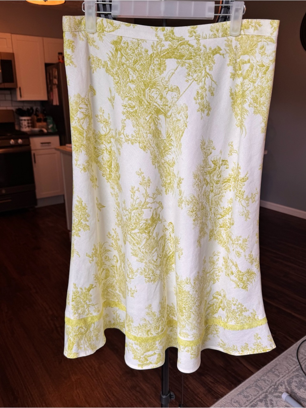 Coldwater Creek Vintage Green & White Toile Pattern A-Line Linen Skirt Size 14P